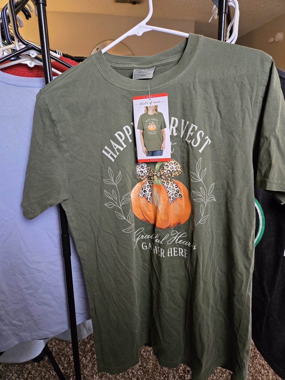 Happy Harvest Pumpkin Graphic Short Sleeve Tee - Olive